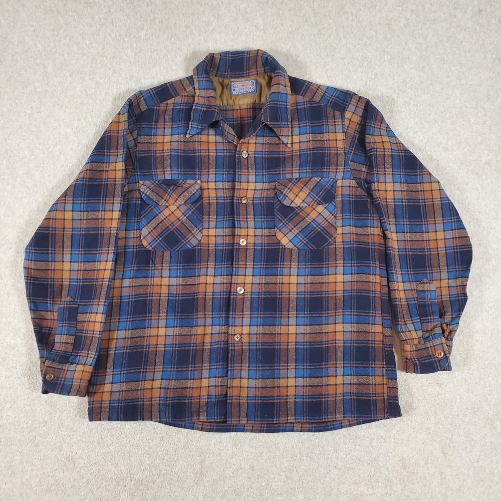 Pendleton Vintage Wool Board Shirt Blue Brown Plaid Flannel Large USA Made Loop